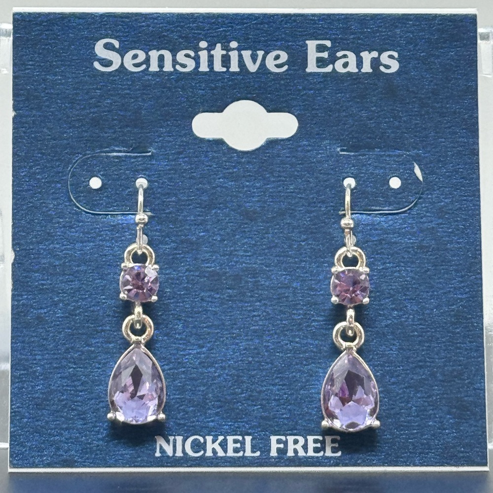 Silver Drop Crystal Stone dangling Purple 1.5 inch